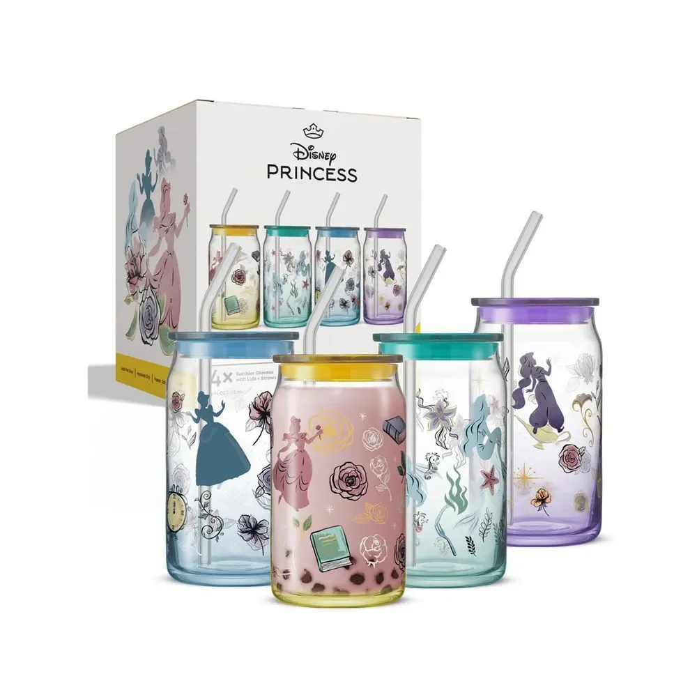 Disney Princess Glass Tumbler Set Drinking Cups with Lids and Straws 4pc
